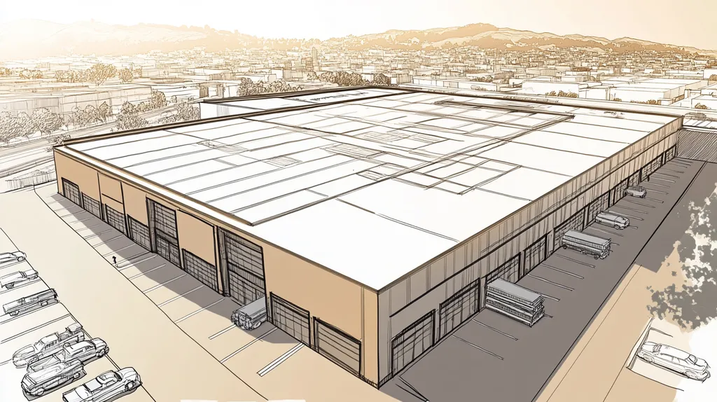 A commercial roof on a warehouse in a location similar to San Francisco with an architectural sketch rendering aesthetic (AI image)