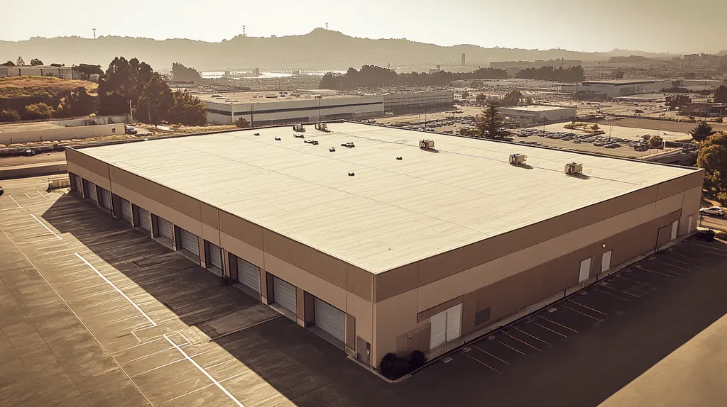 A commercial roof on a warehouse in a location similar to San Francisco with an architectural sketch rendering aesthetic (AI image)