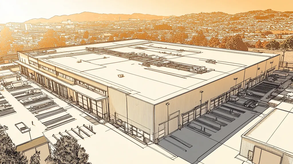 A commercial roof on a warehouse in a location similar to San Francisco with an architectural sketch rendering aesthetic (AI image)