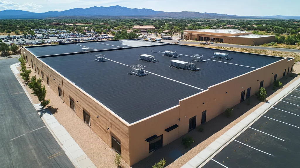 A commercial roof on a warehouse in a location similar to Santa Fe with an architectural photography aesthetic (AI image)