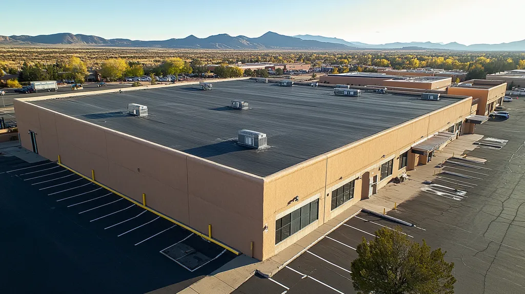 A commercial roof on a warehouse in a location similar to Santa Fe with an architectural photography aesthetic (AI image)