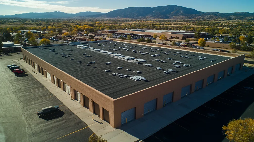 A commercial roof on a warehouse in a location similar to Santa Fe with an architectural photography aesthetic (AI image)
