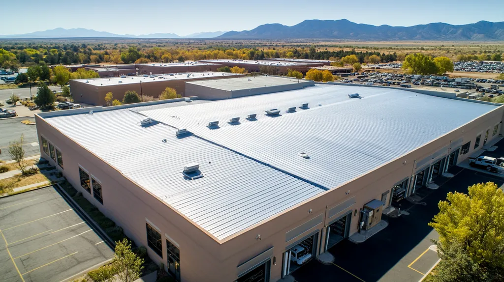 A commercial roof on a warehouse in a location similar to Santa Fe with a stainless steel aesthetic (AI image)
