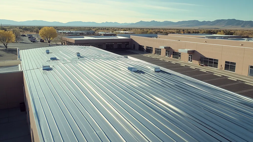 A commercial roof on a warehouse in a location similar to Santa Fe with a stainless steel aesthetic (AI image)
