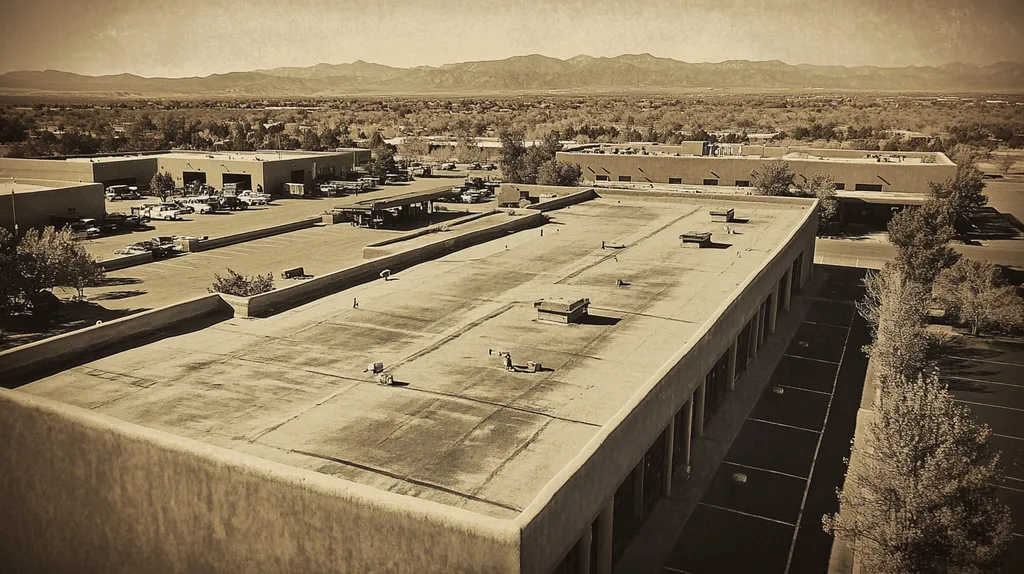 A commercial roof on a warehouse in a location similar to Santa Fe with a tintype aesthetic (AI image)