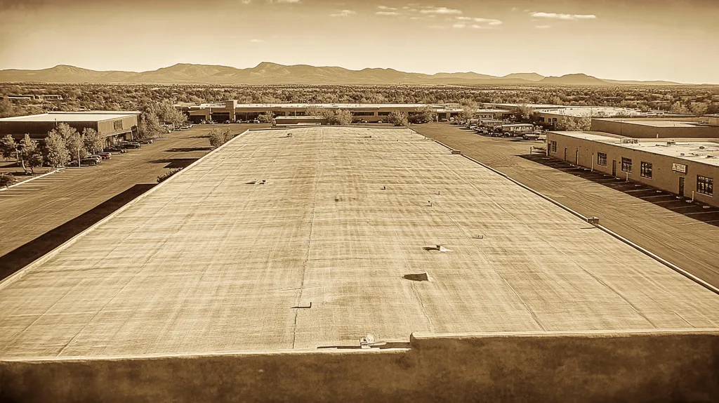 A commercial roof on a warehouse in a location similar to Santa Fe with a tintype aesthetic (AI image)