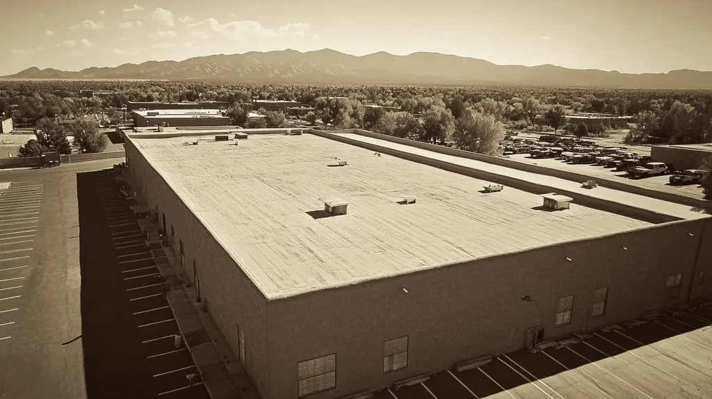 A commercial roof on a warehouse in a location similar to Santa Fe with a tintype aesthetic (AI image)