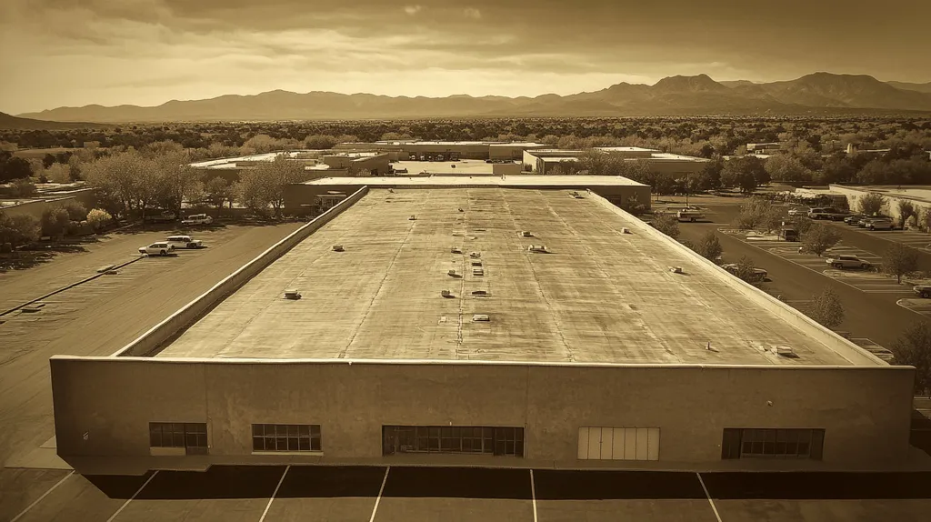 A commercial roof on a warehouse in a location similar to Santa Fe with a tintype aesthetic (AI image)
