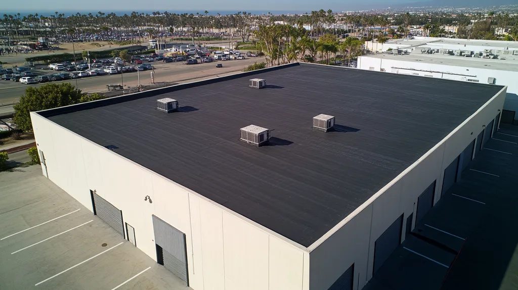 A commercial roof on a warehouse in a location similar to Santa Monica with an architectural photography aesthetic (AI image)