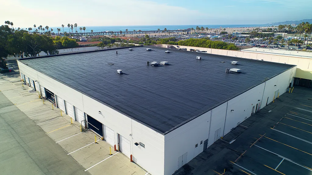 A commercial roof on a warehouse in a location similar to Santa Monica with an architectural photography aesthetic (AI image)