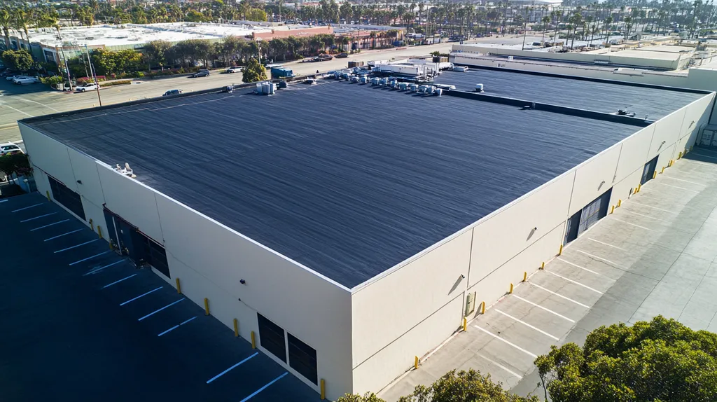 A commercial roof on a warehouse in a location similar to Santa Monica with an architectural photography aesthetic (AI image)