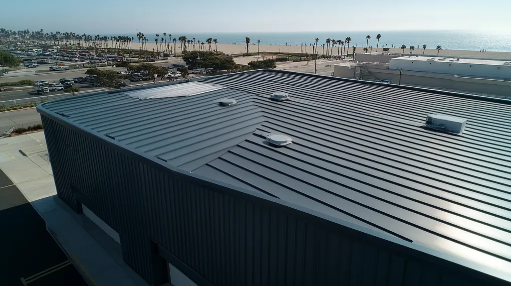 A commercial roof on a warehouse in a location similar to Santa Monica with a futuristic aesthetic (AI image)