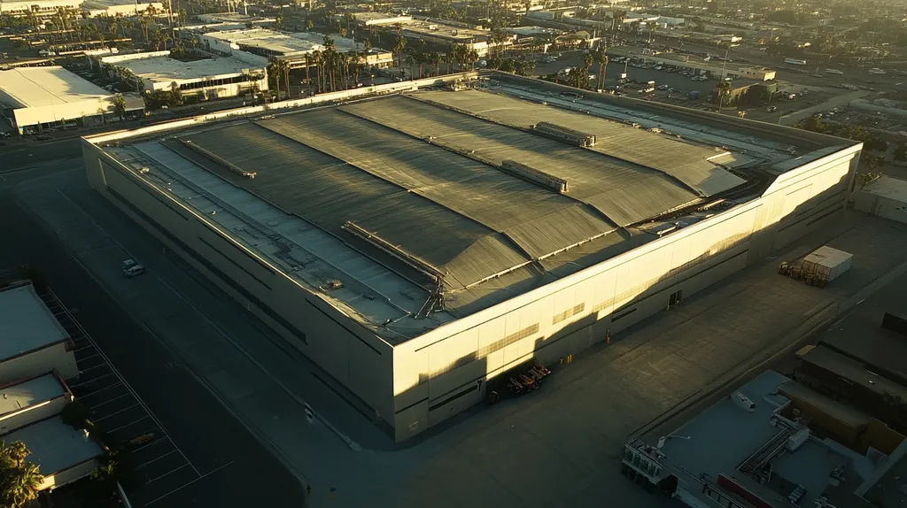 A commercial roof on a warehouse in a location similar to Santa Monica with a futuristic aesthetic (AI image)