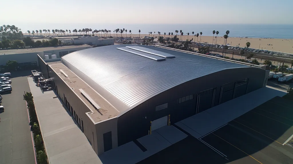 A commercial roof on a warehouse in a location similar to Santa Monica with a futuristic aesthetic (AI image)