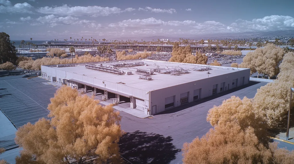 A commercial roof on a warehouse in a location similar to Santa Monica with an infrared photography aesthetic (AI image)