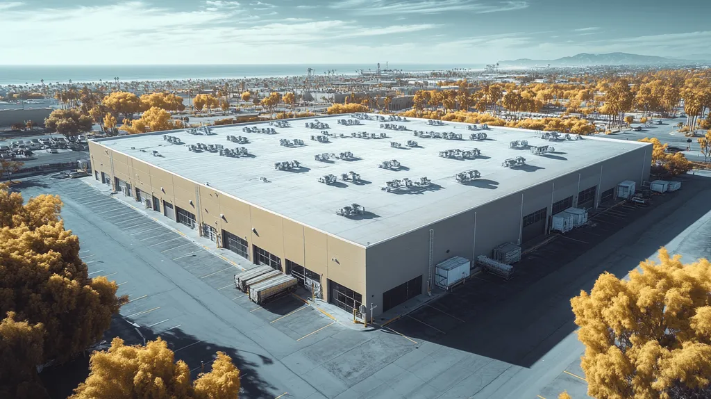 A commercial roof on a warehouse in a location similar to Santa Monica with an infrared photography aesthetic (AI image)