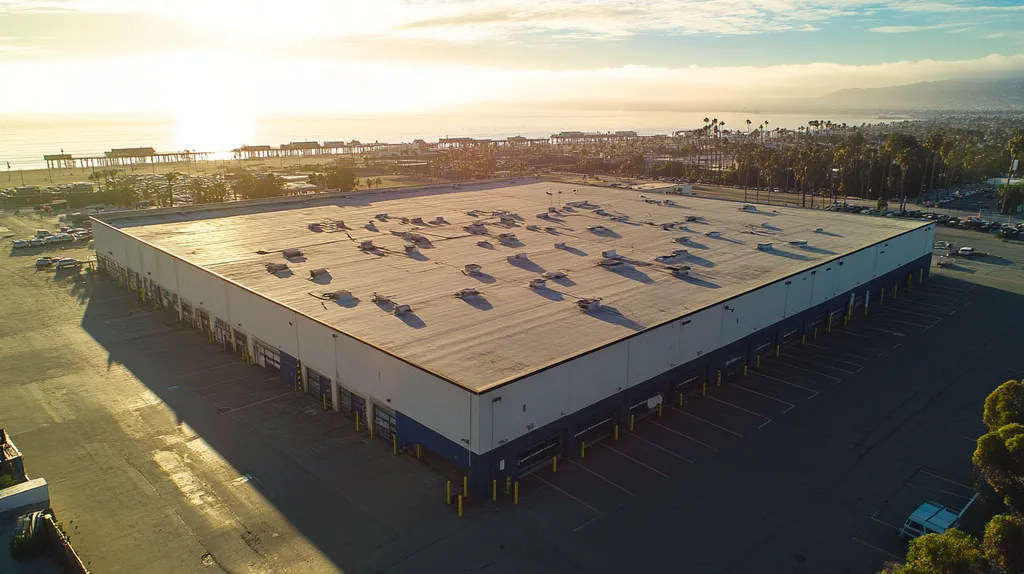 A commercial roof on a warehouse in a location similar to Santa Monica with a light beams aesthetic (AI image)