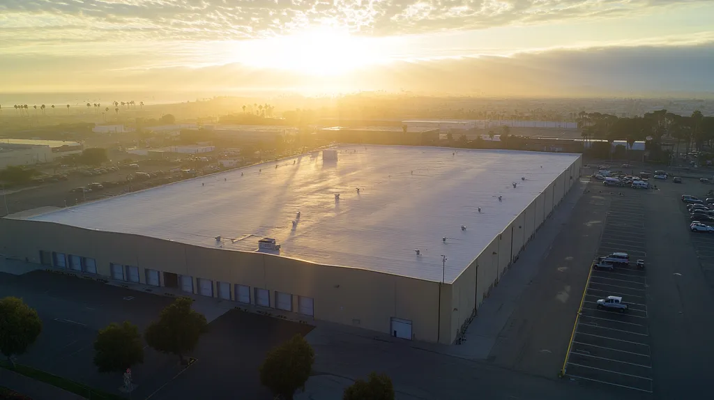 A commercial roof on a warehouse in a location similar to Santa Monica with a light beams aesthetic (AI image)