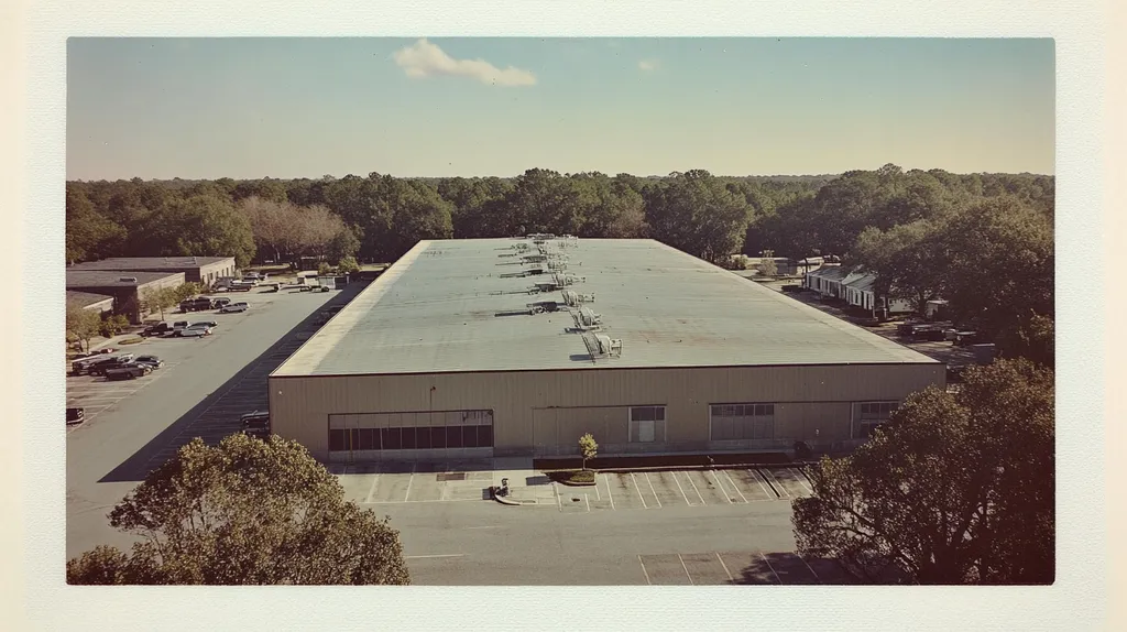 A commercial roof on a warehouse in a location similar to Savannah with a Polaroid aesthetic (AI image)