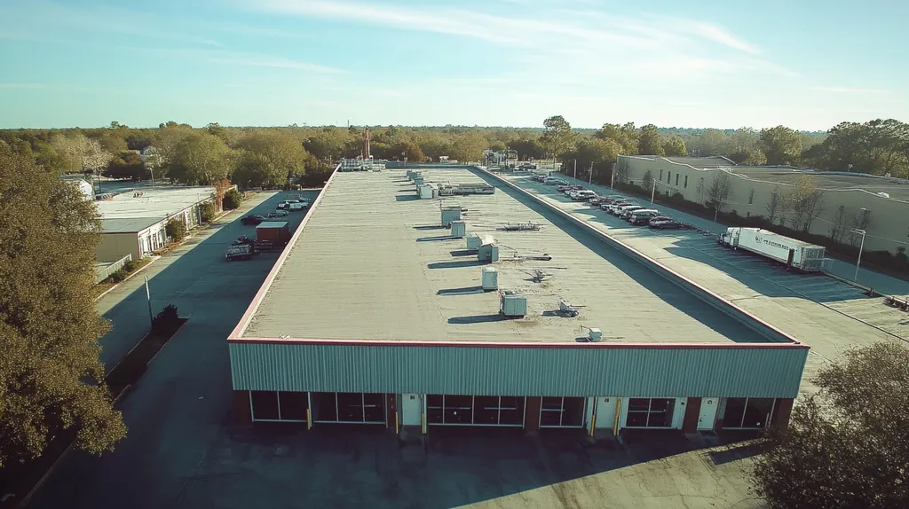 A commercial roof on a warehouse in a location similar to Savannah with a Polaroid aesthetic (AI image)