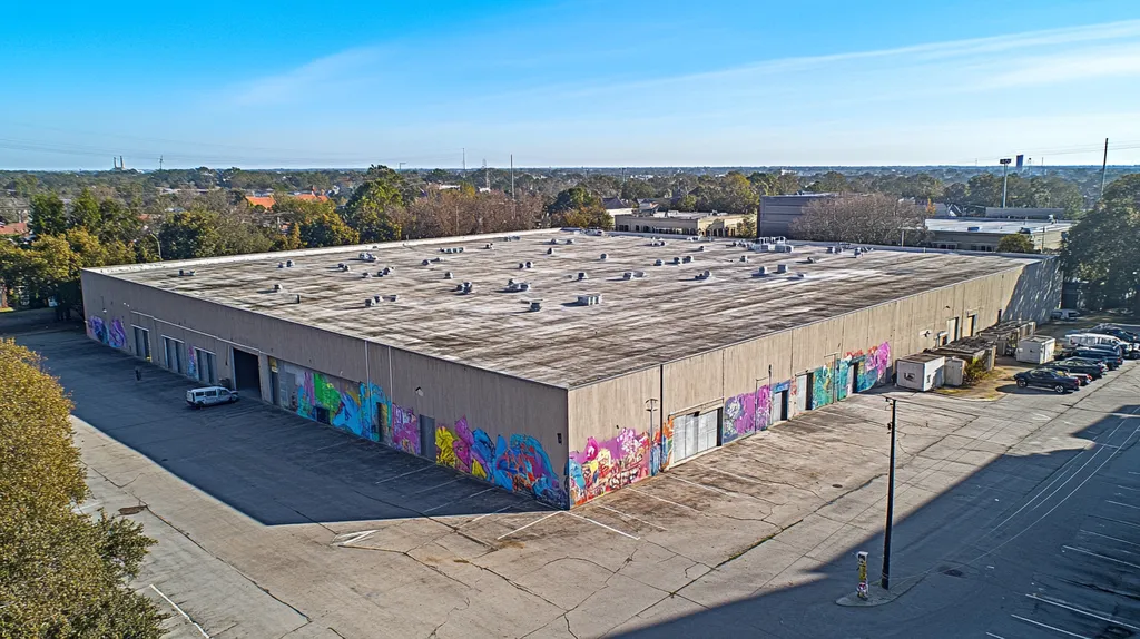 A commercial roof on a warehouse in a location similar to Savannah with a graffiti mural aesthetic (AI image)