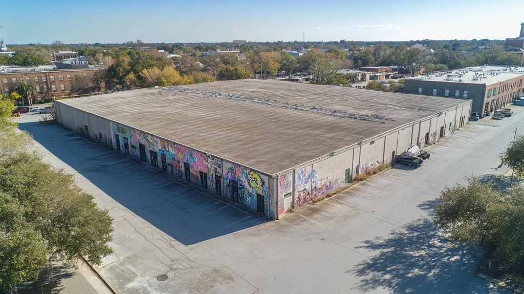 A commercial roof on a warehouse in a location similar to Savannah with a graffiti mural aesthetic (AI image)