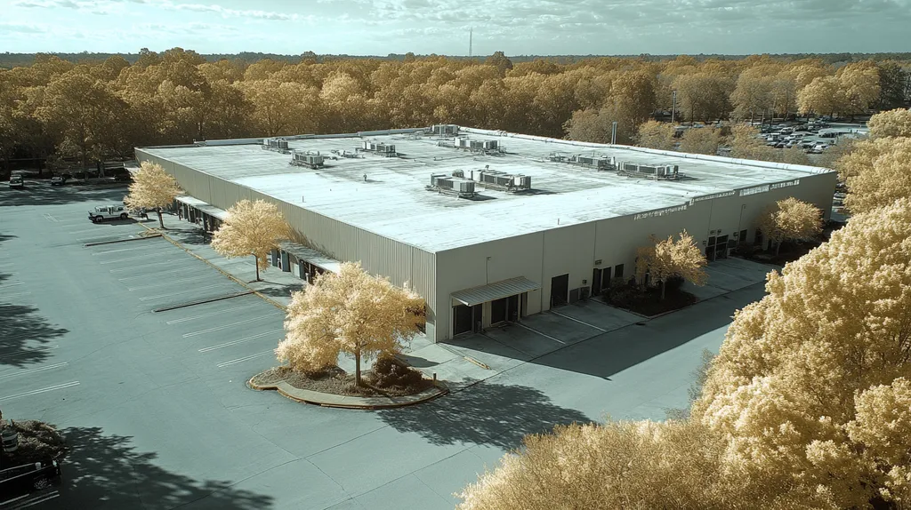 A commercial roof on a warehouse in a location similar to Savannah with an infrared photography aesthetic (AI image)