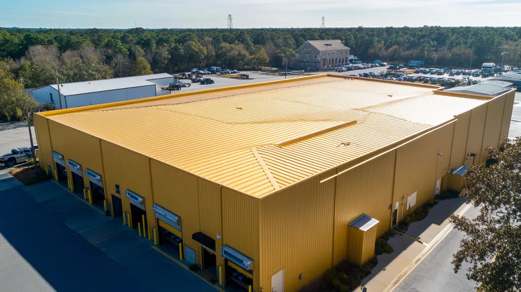 A commercial roof on a warehouse in a location similar to Savannah with a solid gold aesthetic (AI image)