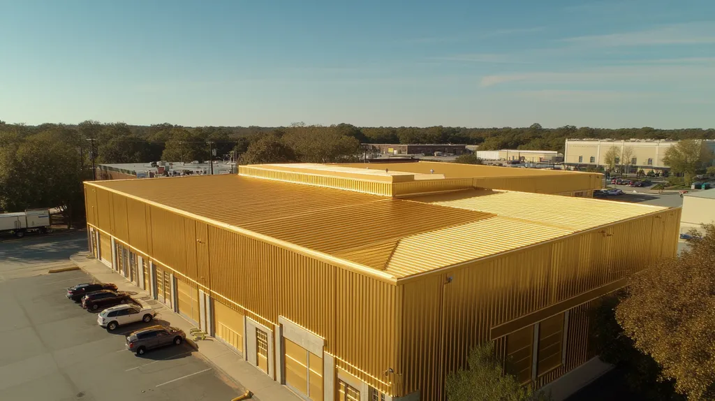 A commercial roof on a warehouse in a location similar to Savannah with a solid gold aesthetic (AI image)