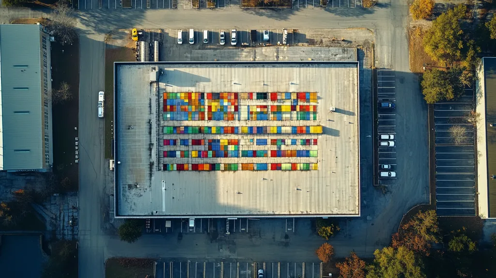 A commercial roof on a warehouse in a location similar to Savannah with a stained glass style aesthetic (AI image)