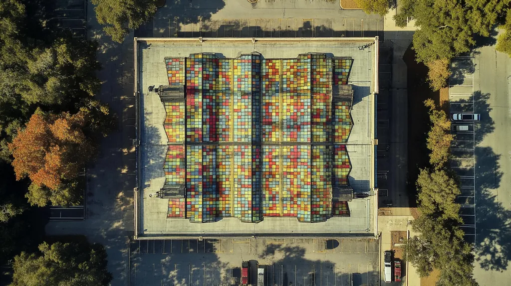 A commercial roof on a warehouse in a location similar to Savannah with a stained glass style aesthetic (AI image)