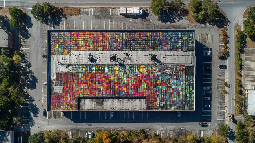 A commercial roof on a warehouse in a location similar to Savannah with a stained glass style aesthetic (AI image)