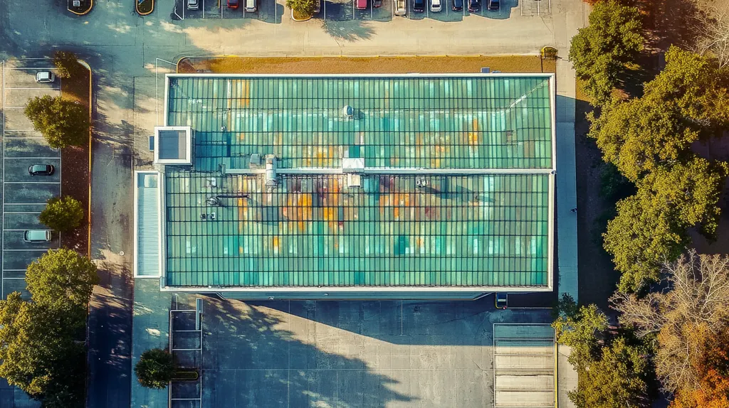 A commercial roof on a warehouse in a location similar to Savannah with a stained glass style aesthetic (AI image)