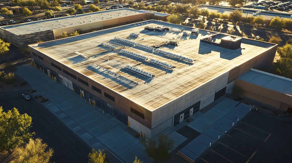 A commercial roof on a warehouse in a location similar to Scottsdale with a cross-processed look aesthetic (AI image)