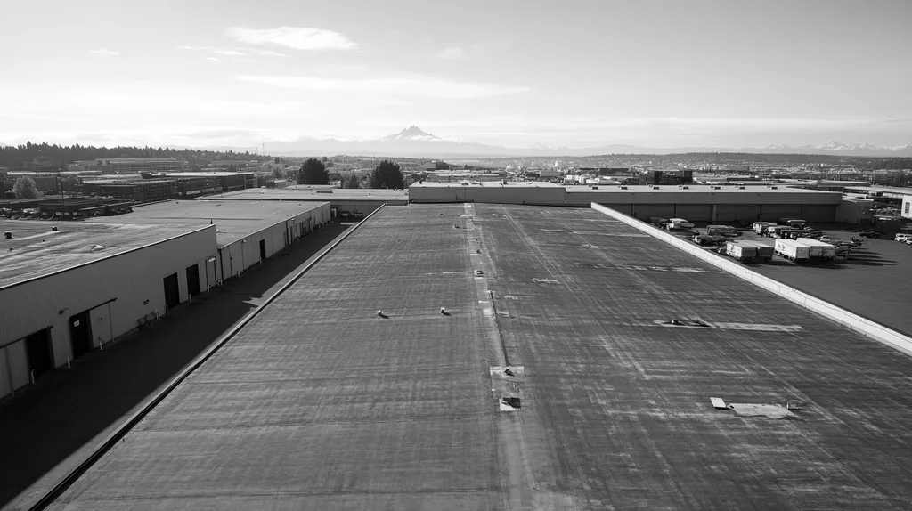 A commercial roof on a warehouse in a location similar to Seattle with a black and white photography aesthetic (AI image)