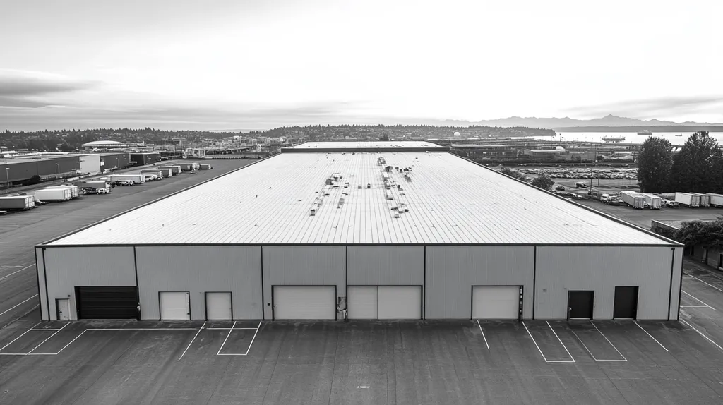 A commercial roof on a warehouse in a location similar to Seattle with a black and white photography aesthetic (AI image)
