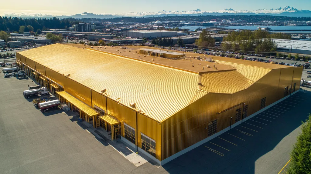 A commercial roof on a warehouse in a location similar to Seattle with a solid gold aesthetic (AI image)