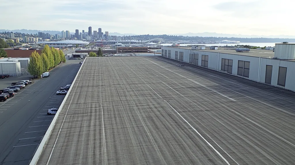 A commercial roof on a warehouse in a location similar to Seattle with an urban context aesthetic (AI image)