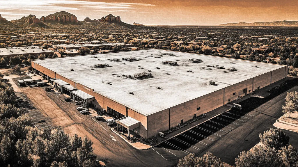 A commercial roof on a warehouse in a location similar to Sedona with a charcoal sketch aesthetic (AI image)