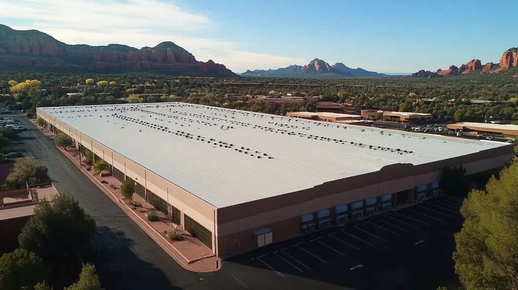 A commercial roof on a warehouse in a location similar to Sedona with a color highlight aesthetic (AI image)