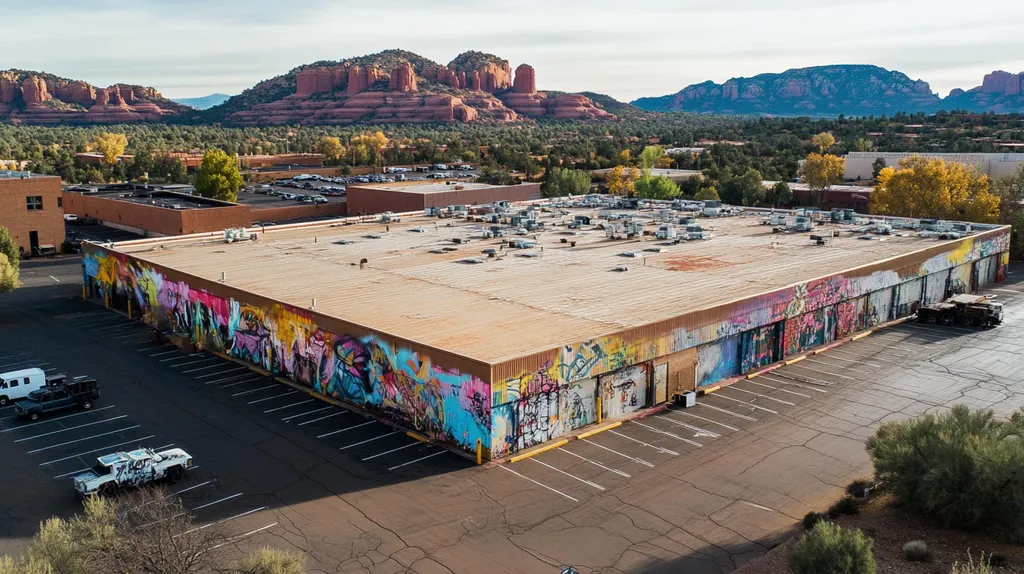 A commercial roof on a warehouse in a location similar to Sedona with a graffiti mural aesthetic (AI image)