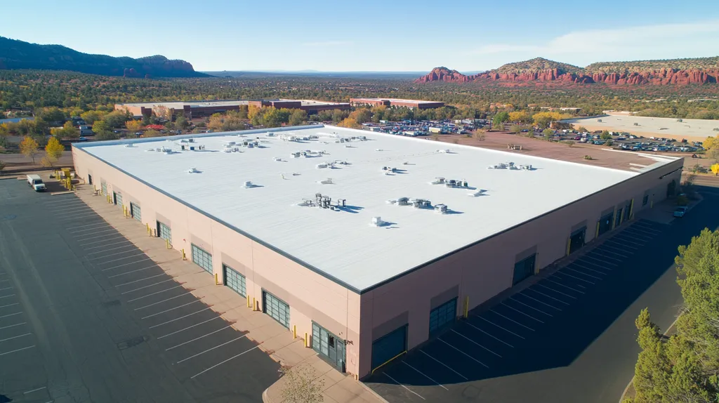 A commercial roof on a warehouse in a location similar to Sedona with an urban context aesthetic (AI image)