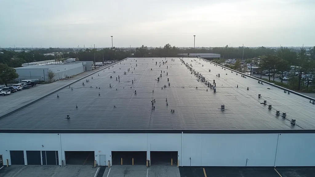 A commercial roof on a warehouse in a location similar to Tampa with a rainy day aesthetic (AI image)