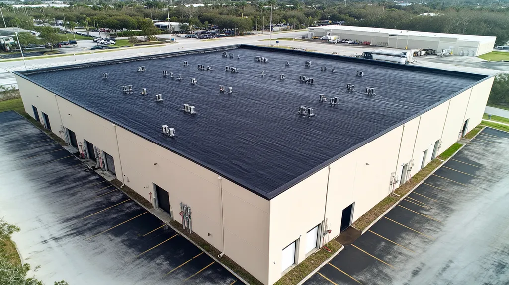 A commercial roof on a warehouse in a location similar to Tampa with a rainy day aesthetic (AI image)