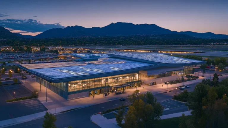 A commercial roof on an airport terminal in a location similar to Boulder with an illuminated nightscape aesthetic (AI image)