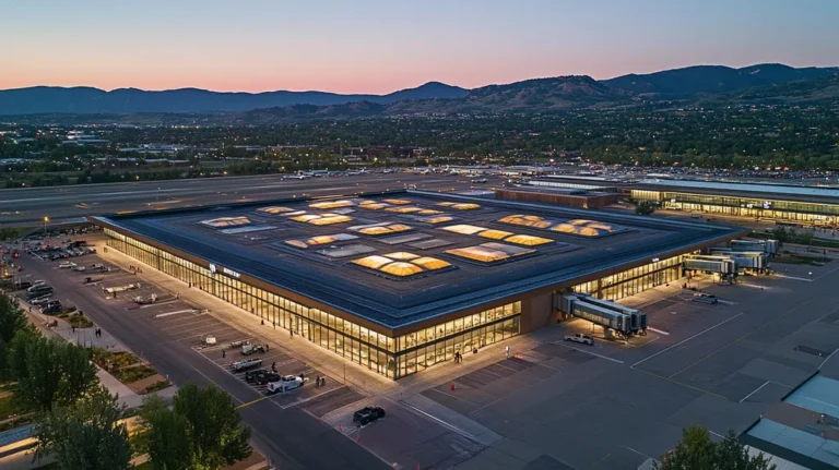 A commercial roof on an airport terminal in a location similar to Boulder with an illuminated nightscape aesthetic (AI image)