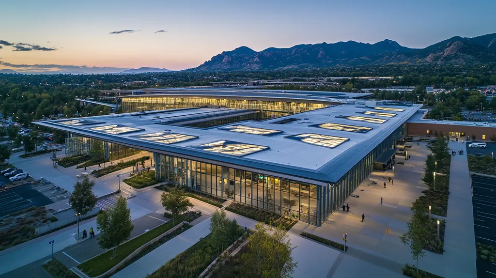 A commercial roof on an airport terminal in a location similar to Boulder with an illuminated nightscape aesthetic (AI image)