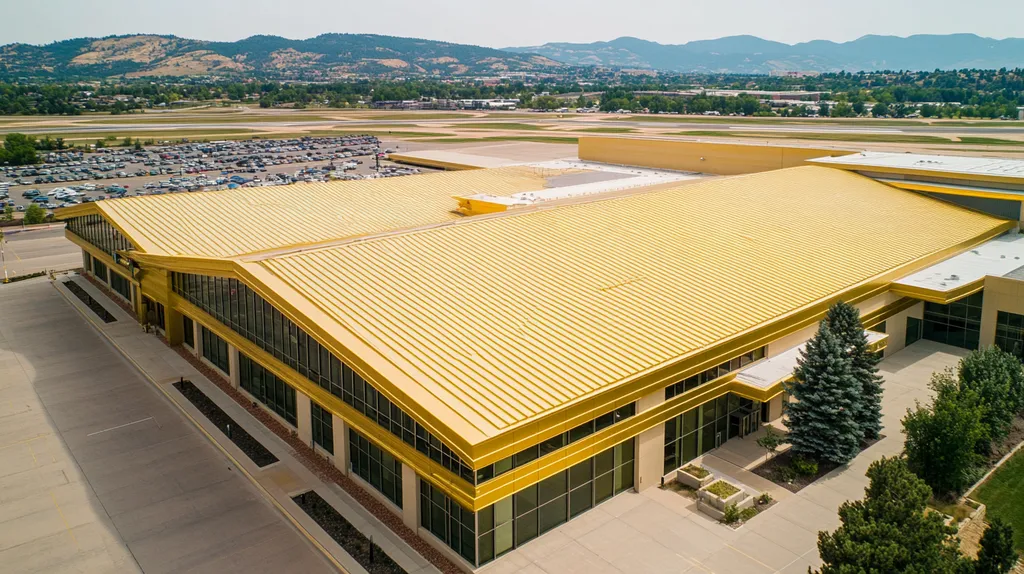 A commercial roof on an airport terminal in a location similar to Boulder with a solid gold aesthetic (AI image)