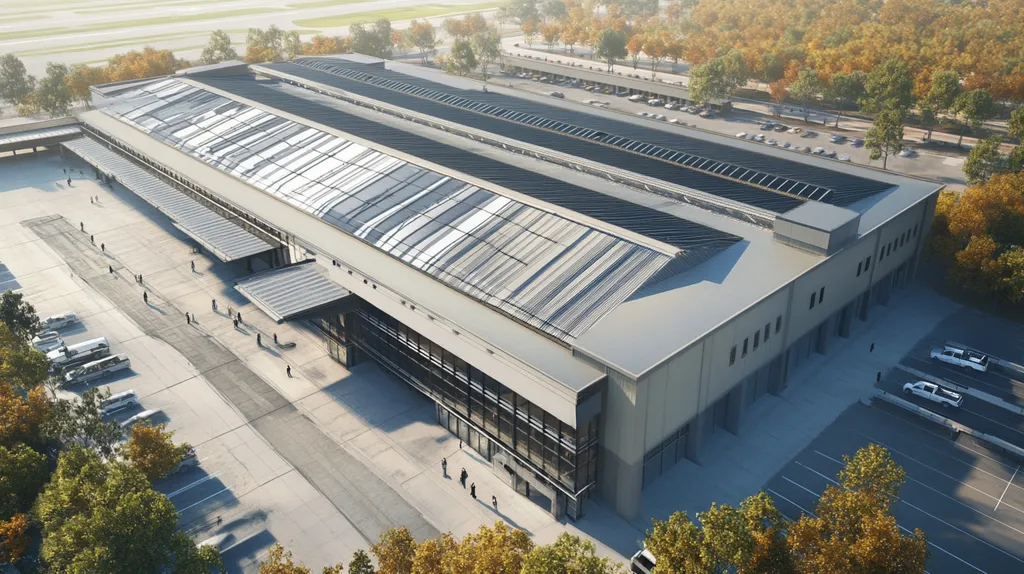 A commercial roof on an airport terminal in a location similar to Charleston with a comic book style aesthetic (AI image)