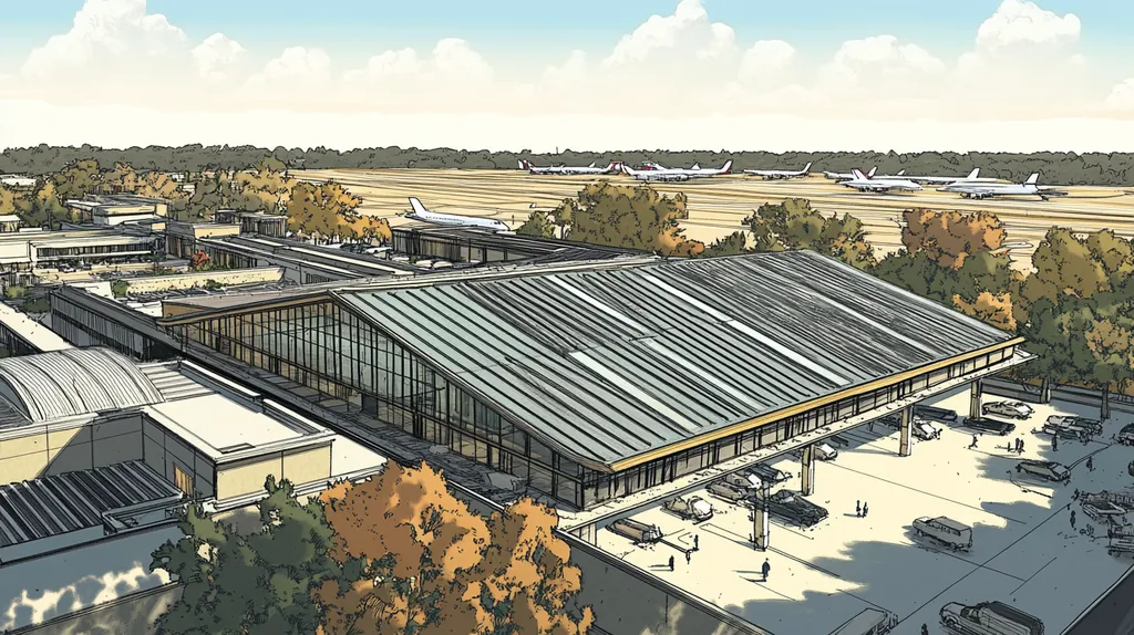 A commercial roof on an airport terminal in a location similar to Charleston with a comic book style aesthetic (AI image)